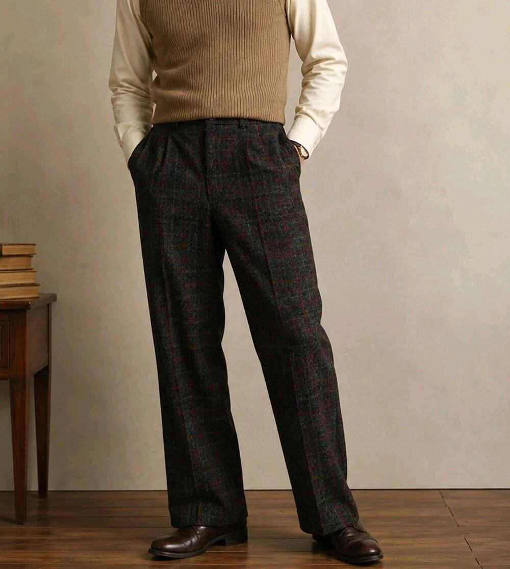 Vintage CODET 100% Wool Pants Mens 34x33 Green Red Plaid For Button Suspenders